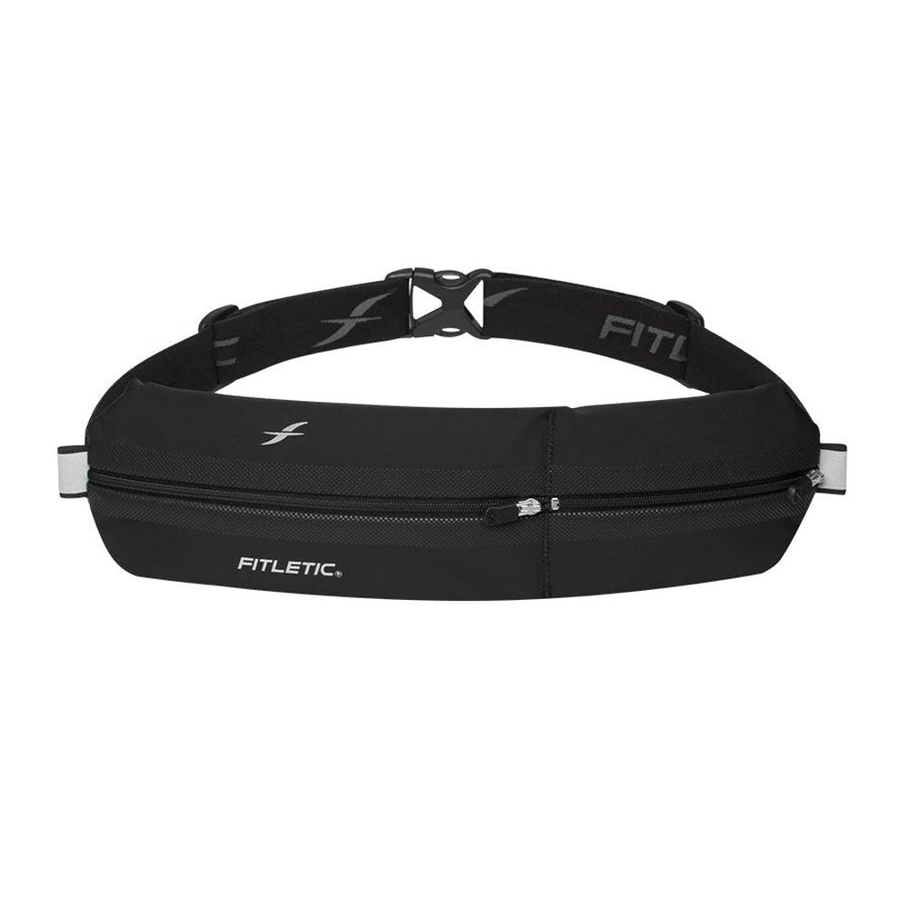 Fitletic Bolt Double Pocket Running Belt Pouch in black on white background