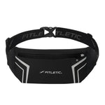 Fitletic Blitz running belt in black with silver reflective strips on white background
