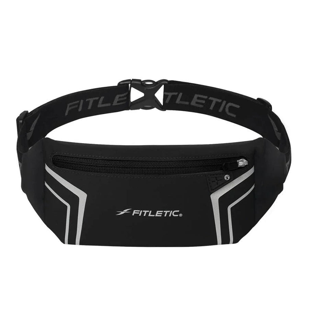 Fitletic Blitz running belt in black with silver reflective strips on white background