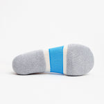 Thorlos Experia Energy no-show sock in gray with blue and white stripe, bottom view
