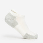 Thorlo white low-cut running sock with gray cushioned heel, toe, and cuff