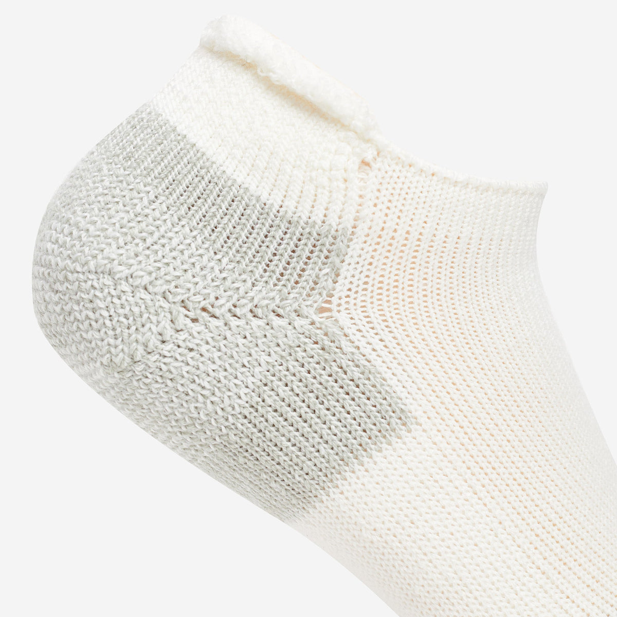 Thorlo white running rolltop ankle sock with gray cushioned heel detail close-up