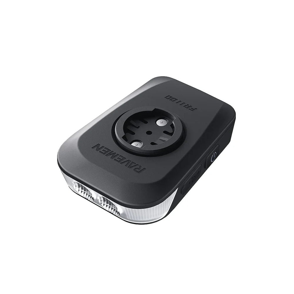 Ravemen FR1100 bike front light top view showing Garmin mount and brand logo
