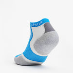Thorlos Experia low-cut ankle sock in bright blue, gray, and white colorway