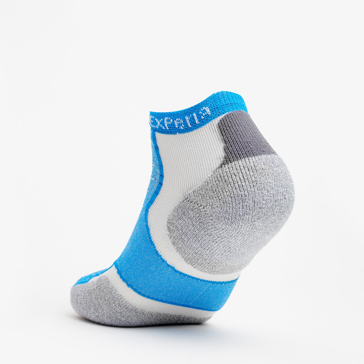 Thorlos Experia low-cut ankle sock in bright blue, gray, and white colorway