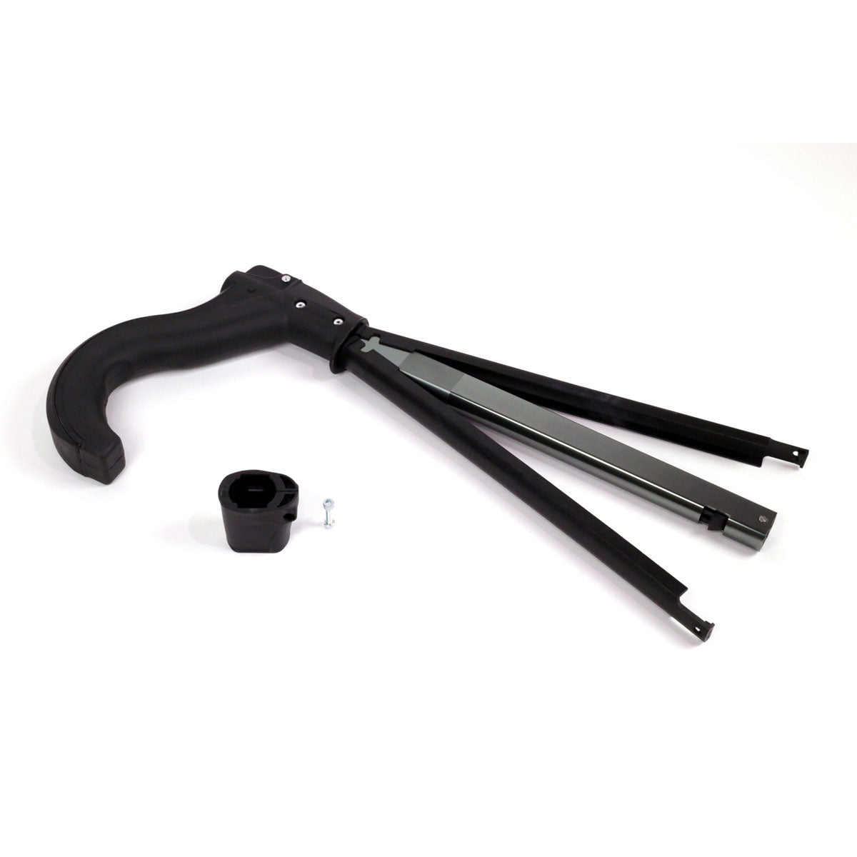 Kuat Sherpa 2.0 ratchet arm assembly in matte black with hardware components laid flat