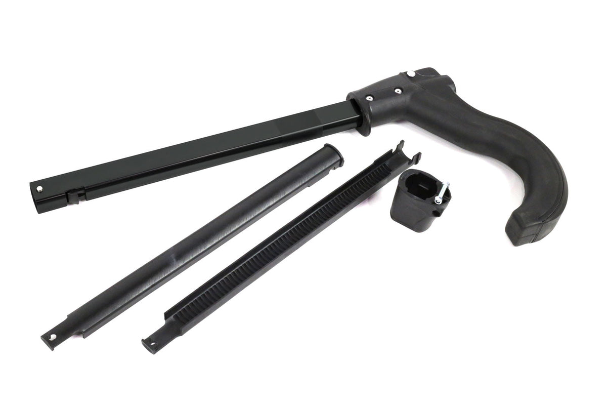 Kuat Sherpa 2.0 ratchet arm assembly components in matte black on white background