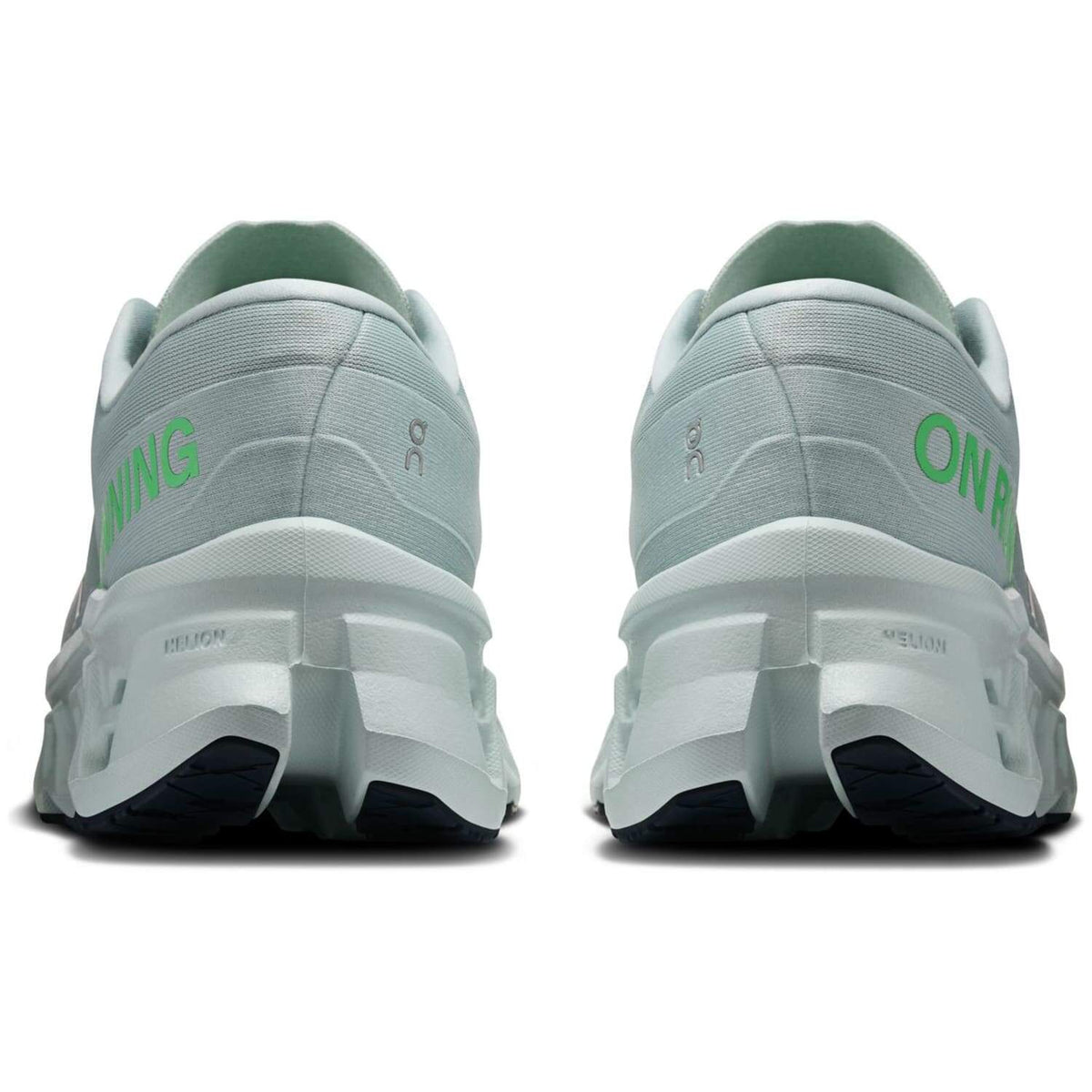 On Cloudmonster 3 running shoes pair in Brook Flurry, rear heel view showing Helion midsole