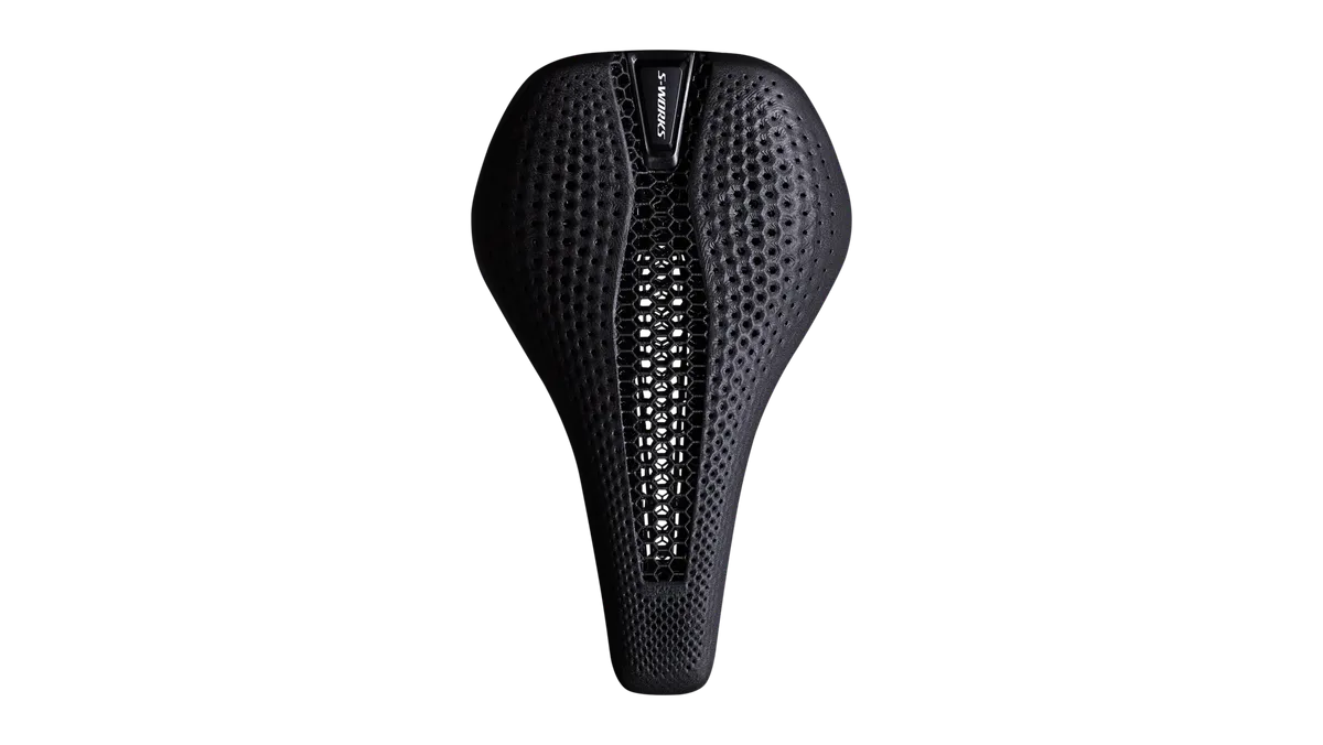Specialized S-Works Power Evo Mirror saddle top-down view showing full 3D-printed honeycomb lattice pattern in black