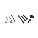 Kuat Ratchet Hinge hardware kit including hex keys, bolts, nuts, and spacer on white background