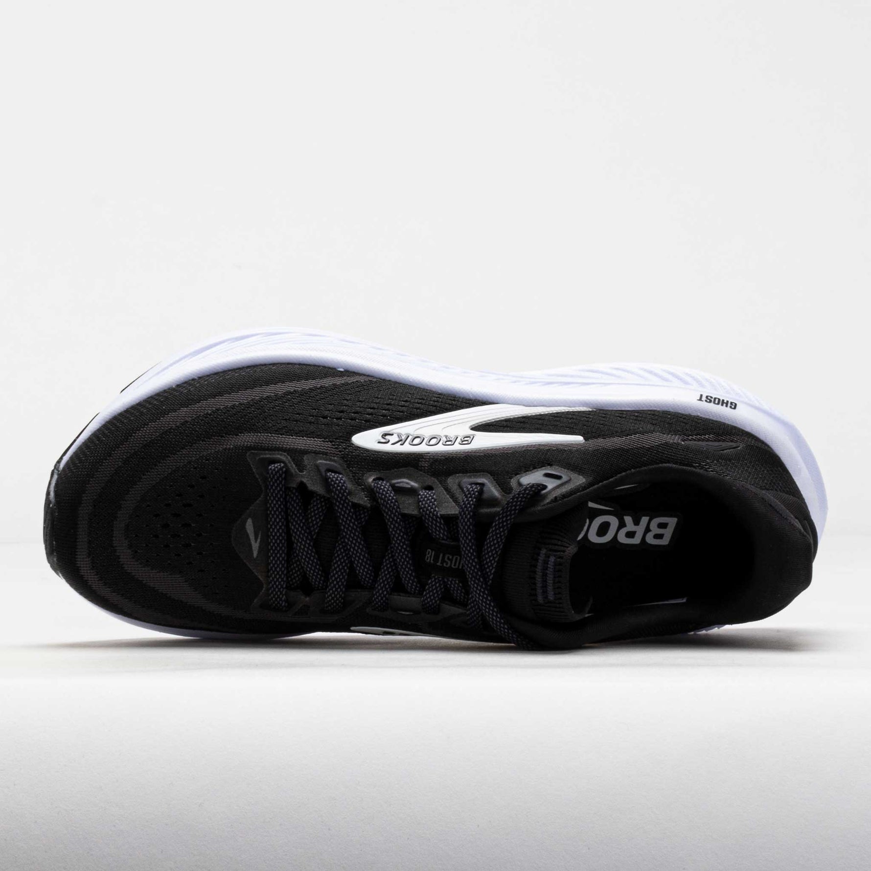 Brooks Ghost 18 running shoe in black with grey accents and white midsole