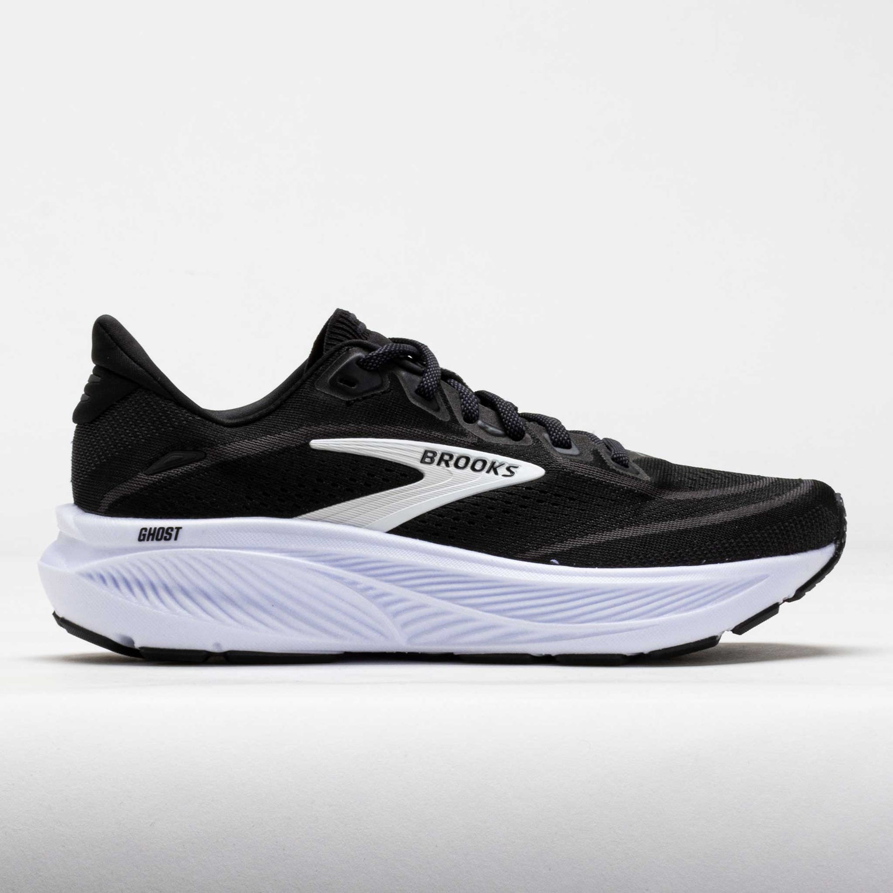 Brooks Ghost 18 running shoe in black upper with white midsole and grey accents