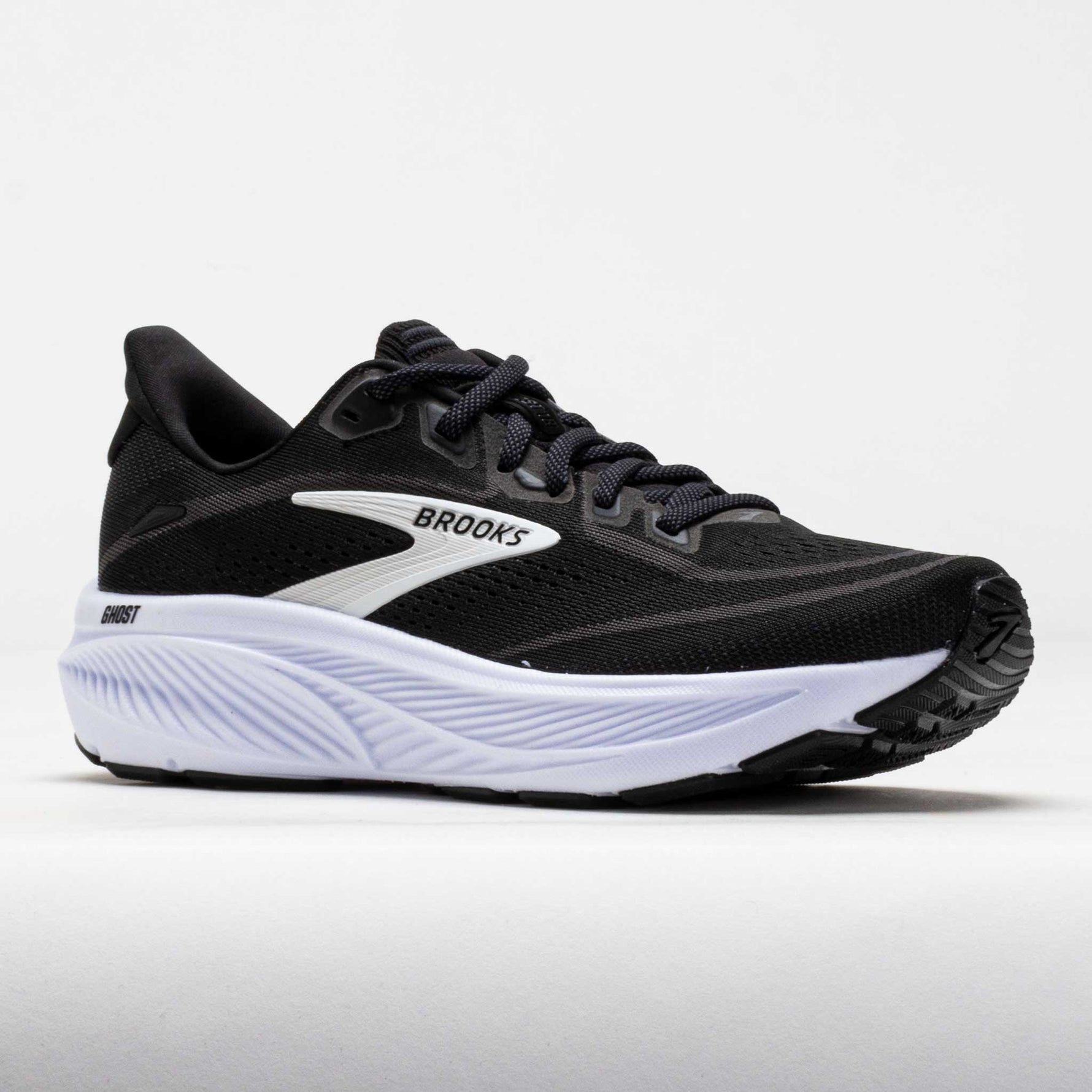 Brooks Ghost 18 running shoe in black with white Brooks logo and white midsole