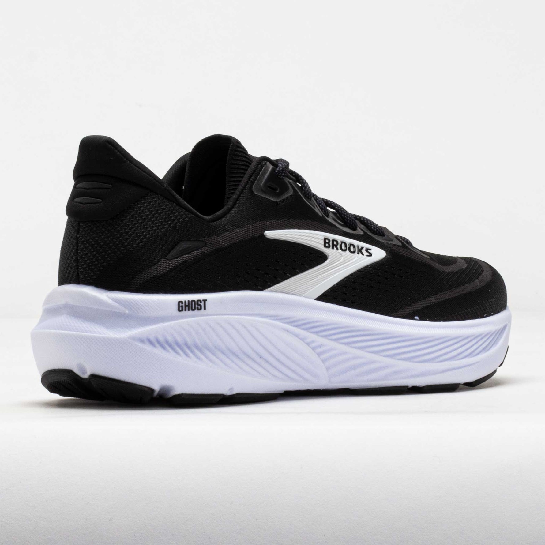 Brooks Ghost 18 running shoe in black with white midsole and Brooks branding