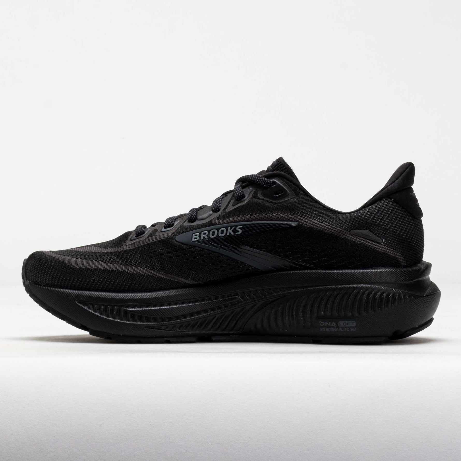 Brooks Ghost 18 running shoe in all black colorway on white background