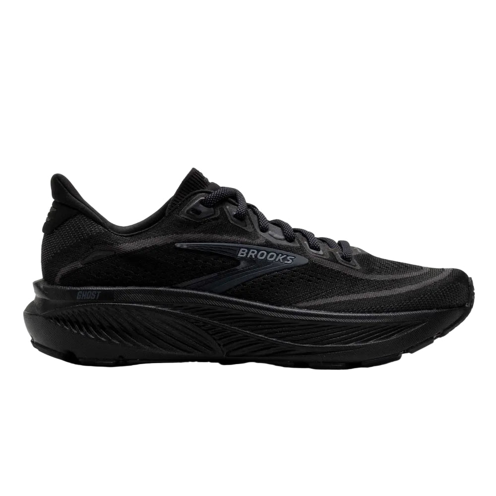 Brooks Ghost running shoe in all black colorway with mesh upper