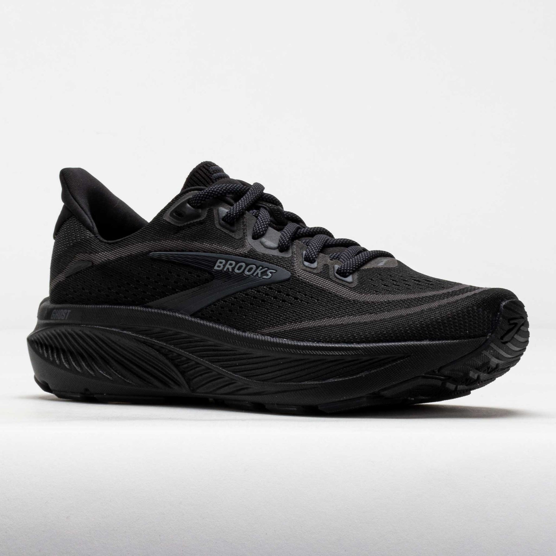Brooks Ghost 18 running shoe in all black colorway on white background