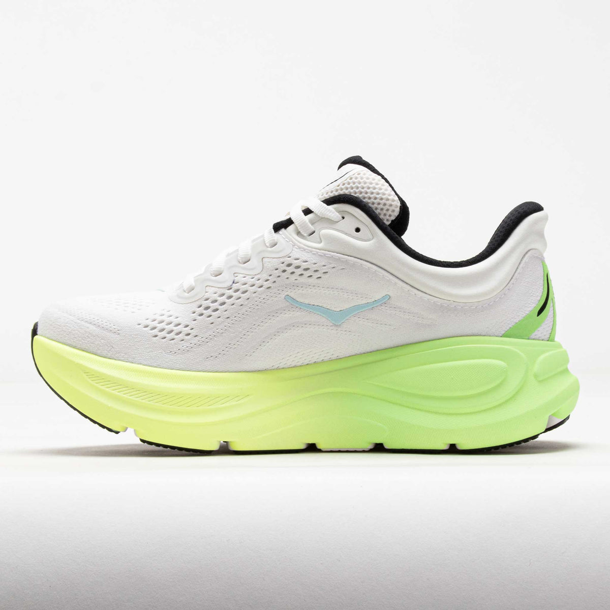 Hoka Bondi 9 running shoe in white with neon lime green midsole, lateral view