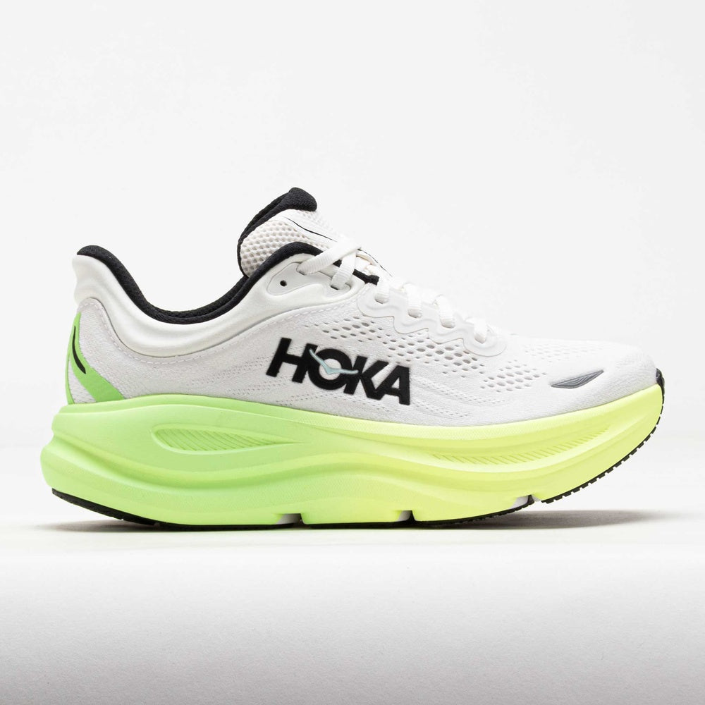 HOKA Bondi 9 running shoe in white with neon lime green midsole, lateral view