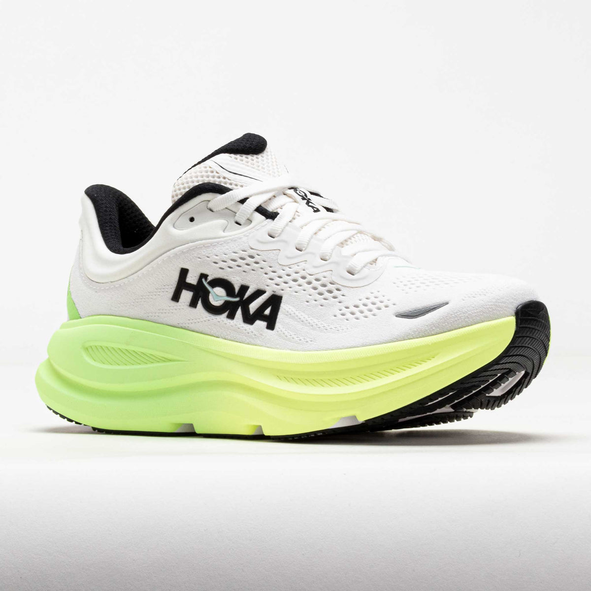 HOKA Bondi 9 running shoe in white and lime green with black accents