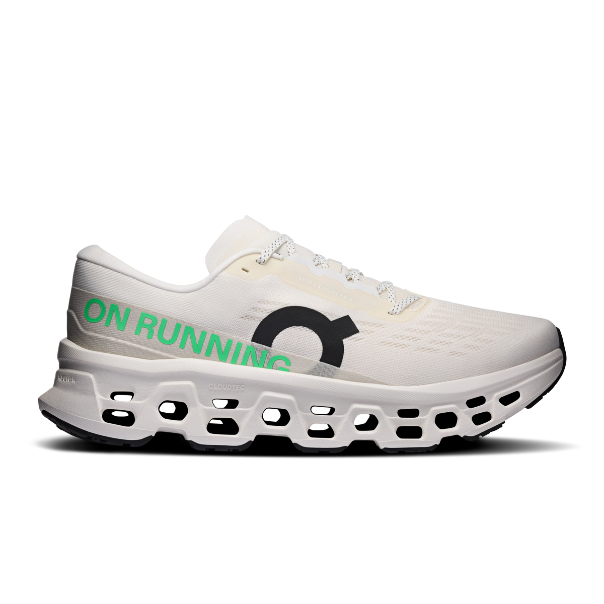 On Cloudmonster 3 running shoe in ivory white with green On Running branding and CloudTec sole