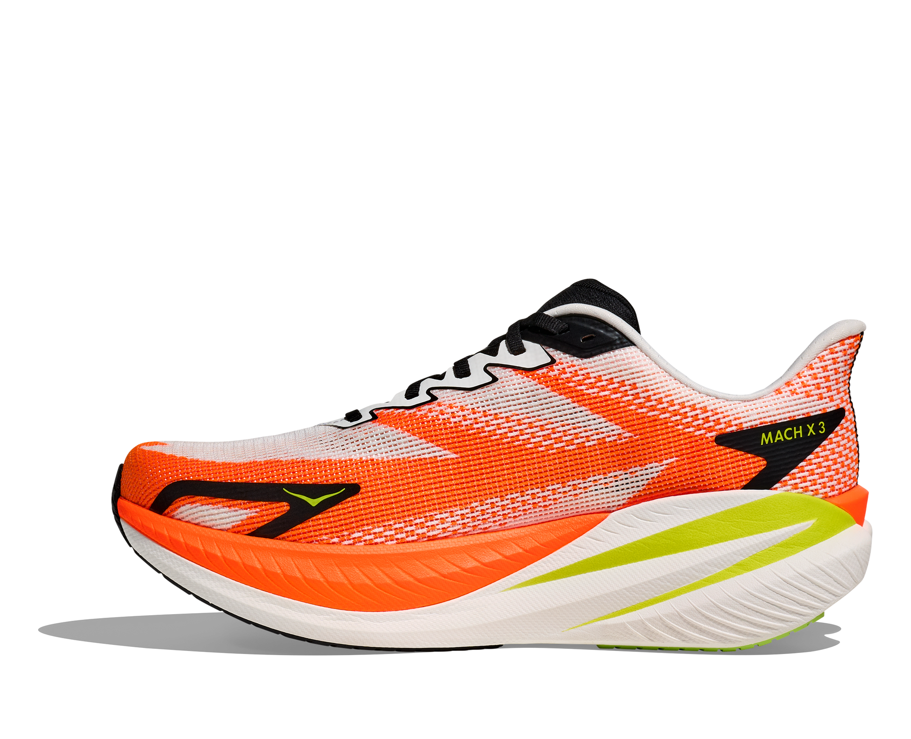 Hoka Mach X 3 running shoe in white and neon tangerine colorway