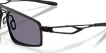 Close-up detail of Oakley Bushwick temple hinge and lens in satin black with grey Prizm lens