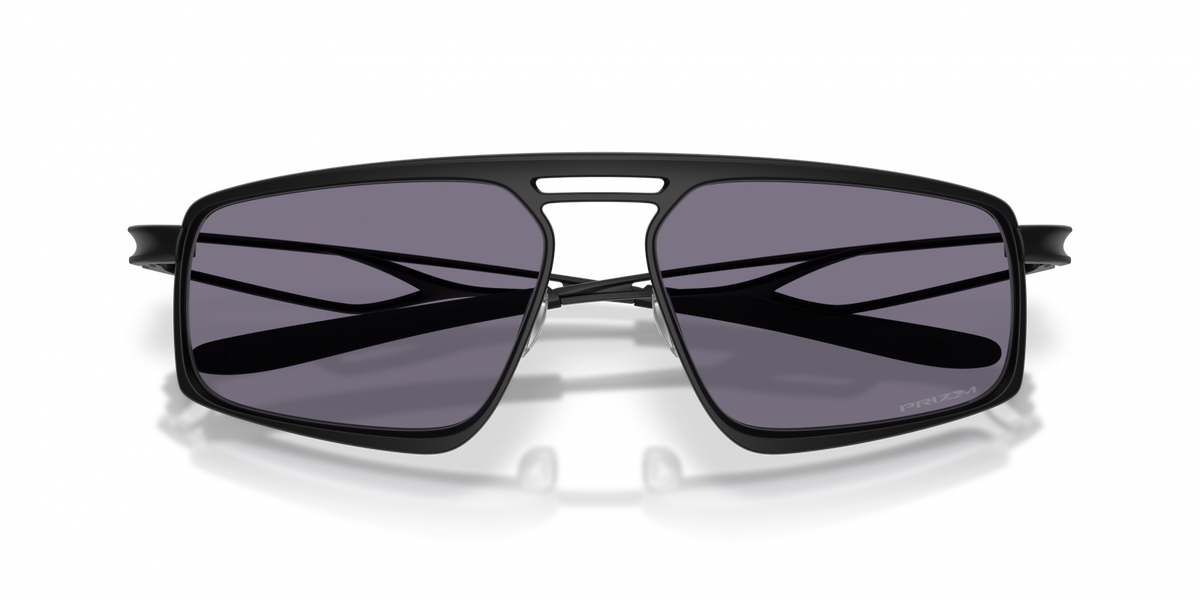 Oakley Bushwick sunglasses front view folded showing double bridge and grey Prizm lenses