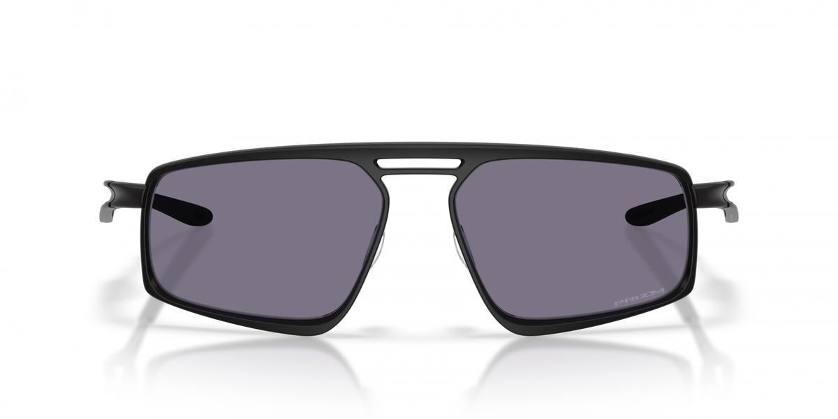 Oakley Bushwick sunglasses straight front view with reflection, satin black frame and Prizm grey lenses