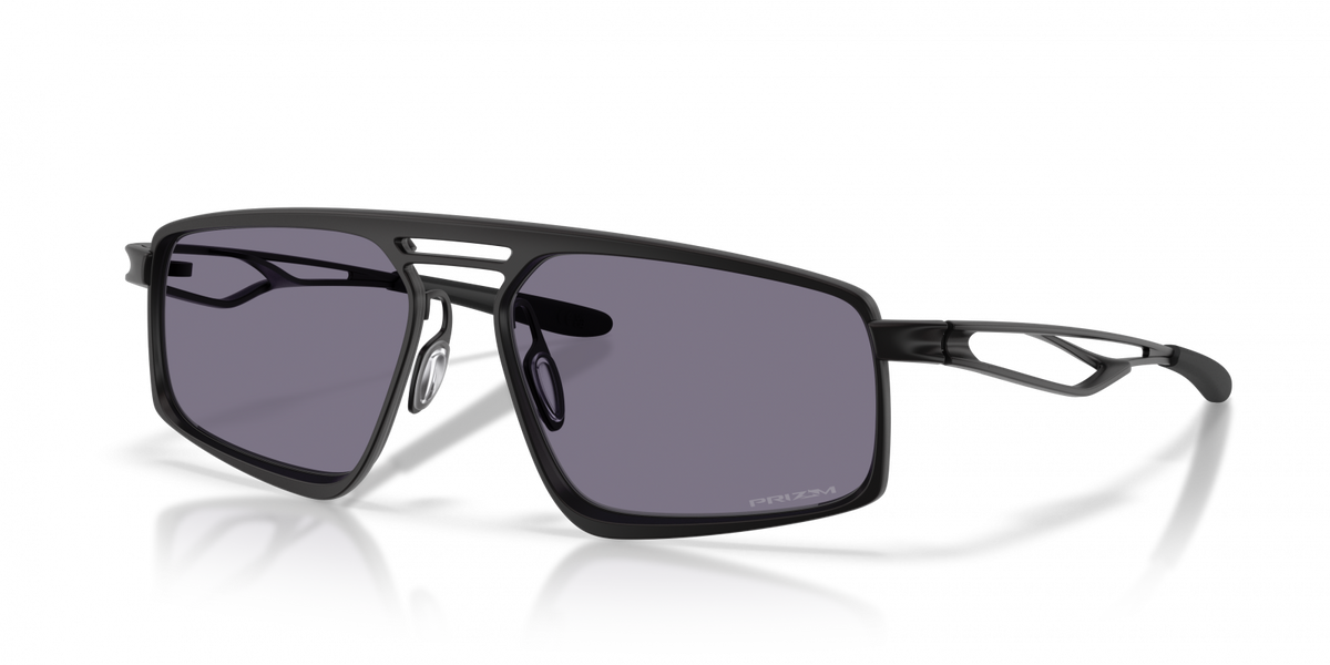 Oakley Bushwick sunglasses with satin black frame and Prizm grey lenses, angled view
