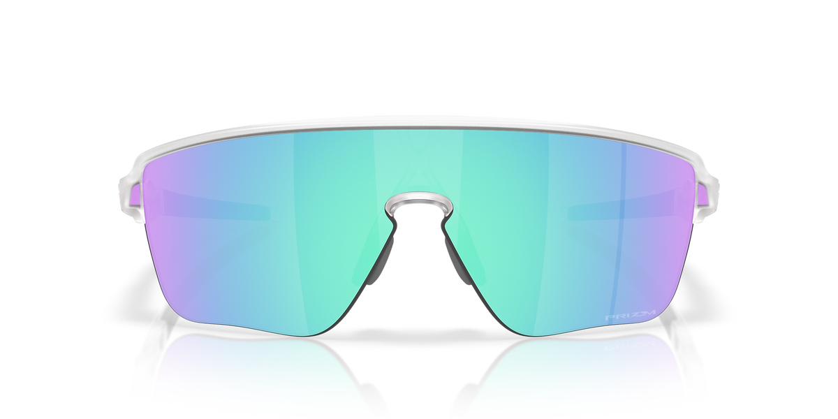 Oakley Corridor SQ sunglasses front view showing clear frame and Prizm Sapphire shield lens