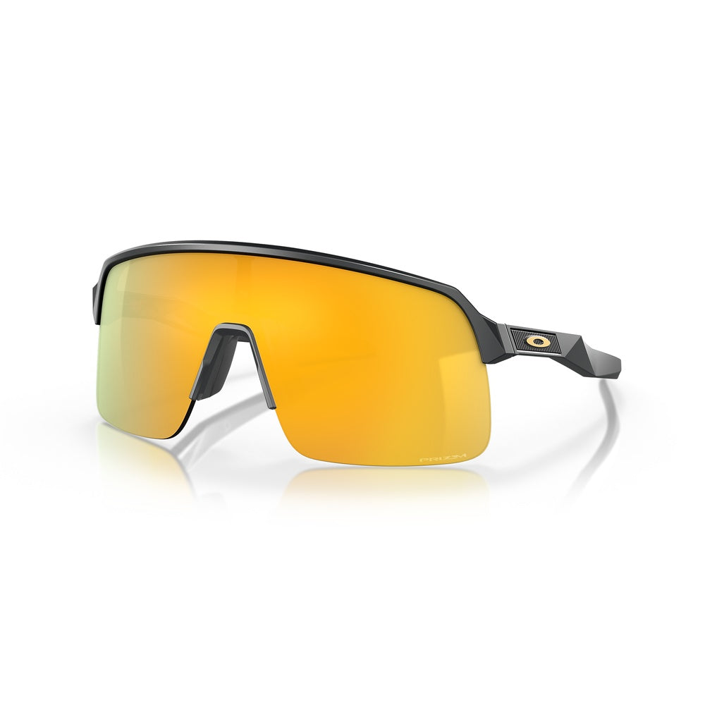 Oakley Sutro Lite sunglasses in matte carbon with Prizm 24K gold mirrored lens, angled view