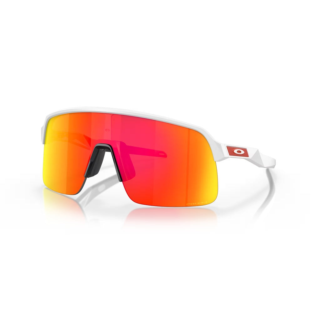 Oakley Sutro Lite sunglasses with matte white frame and Prizm Ruby mirror lenses