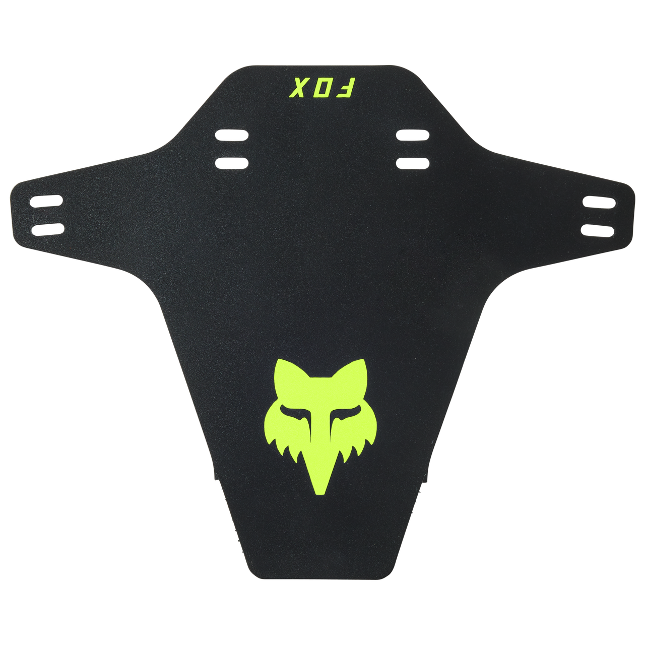 Fox Racing mudguard in black with bright green fox head logo and mounting holes