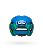 Bell Sidetrack II youth cycling helmet in blue with green accents, rear view