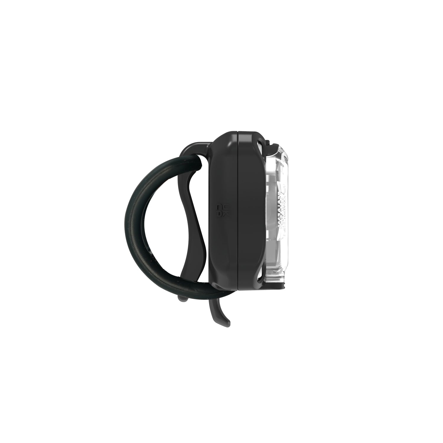 Black Lezyne Zecto Drive bike light with mounting strap on white background