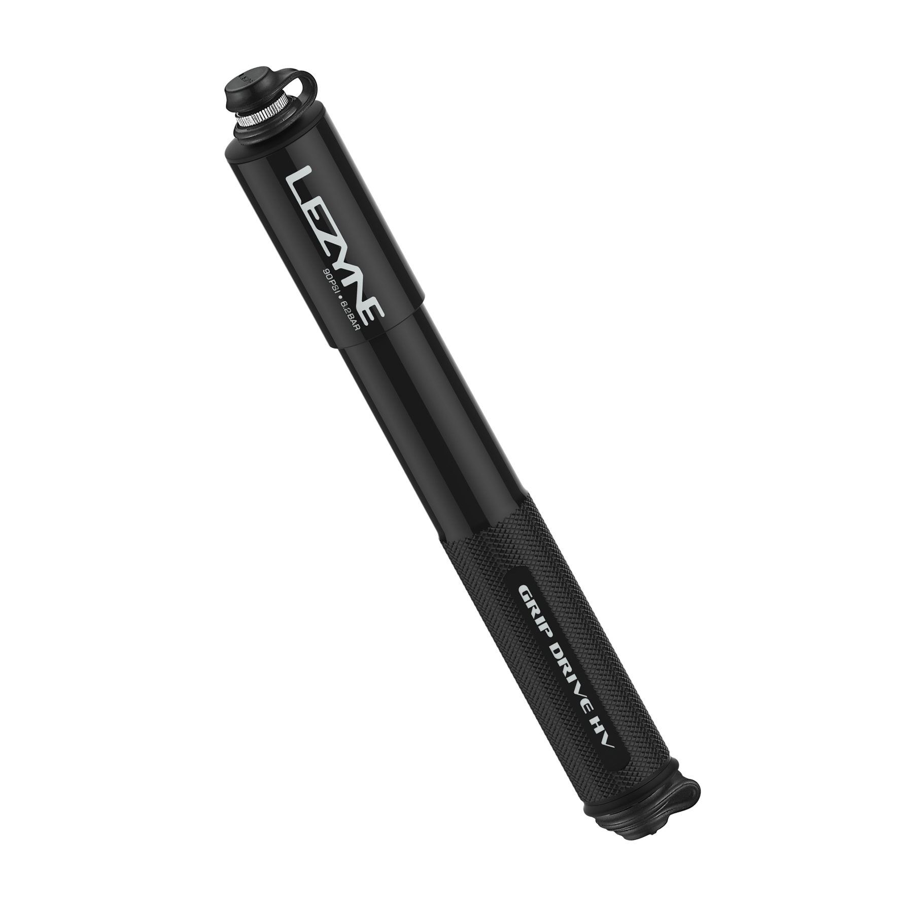 Lezyne black mini bike pump with textured grip and threaded head
