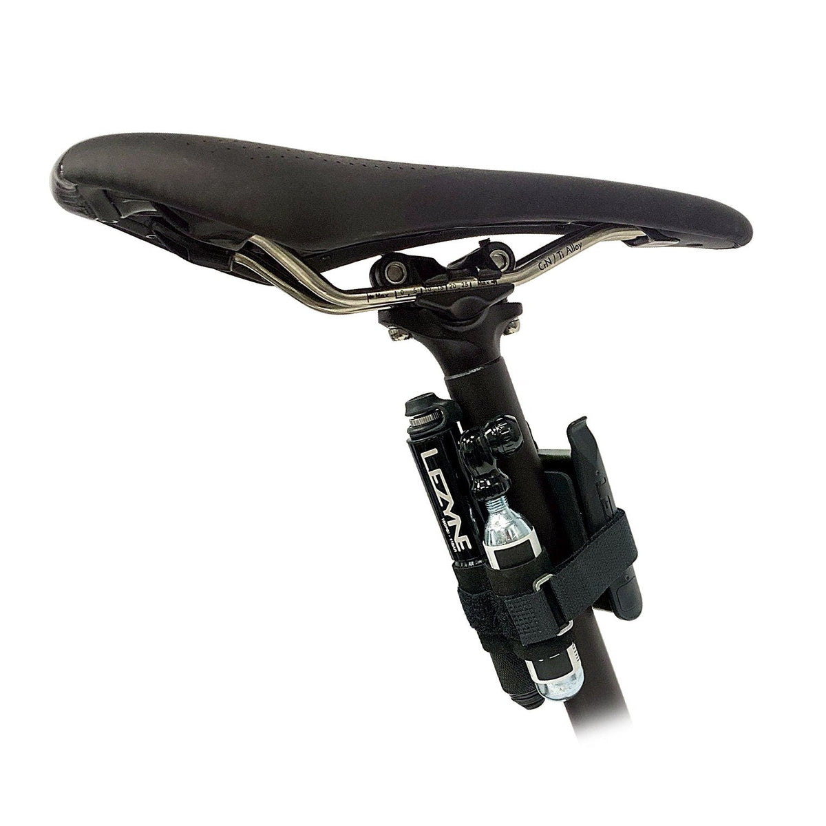 Lezyne Pocket Drive Lite Mini Pump mounted on bicycle seatpost with CO2 cartridges