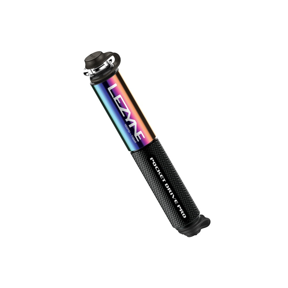 Lezyne Pocket Drive Pro bicycle pump with iridescent metallic finish and black textured grip