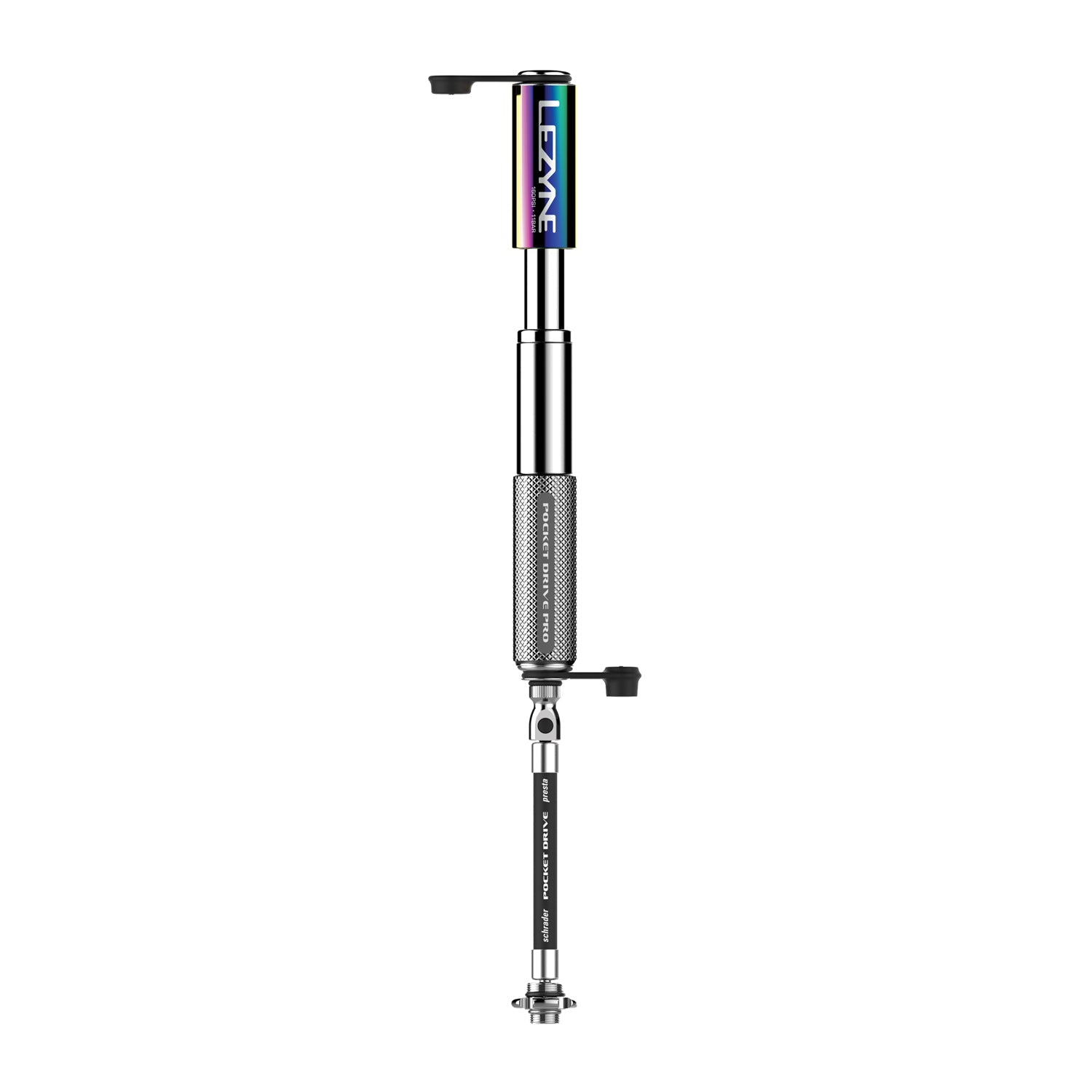Lezyne Pocket Drive Pro HV pump with metallic finish and textured grip handle