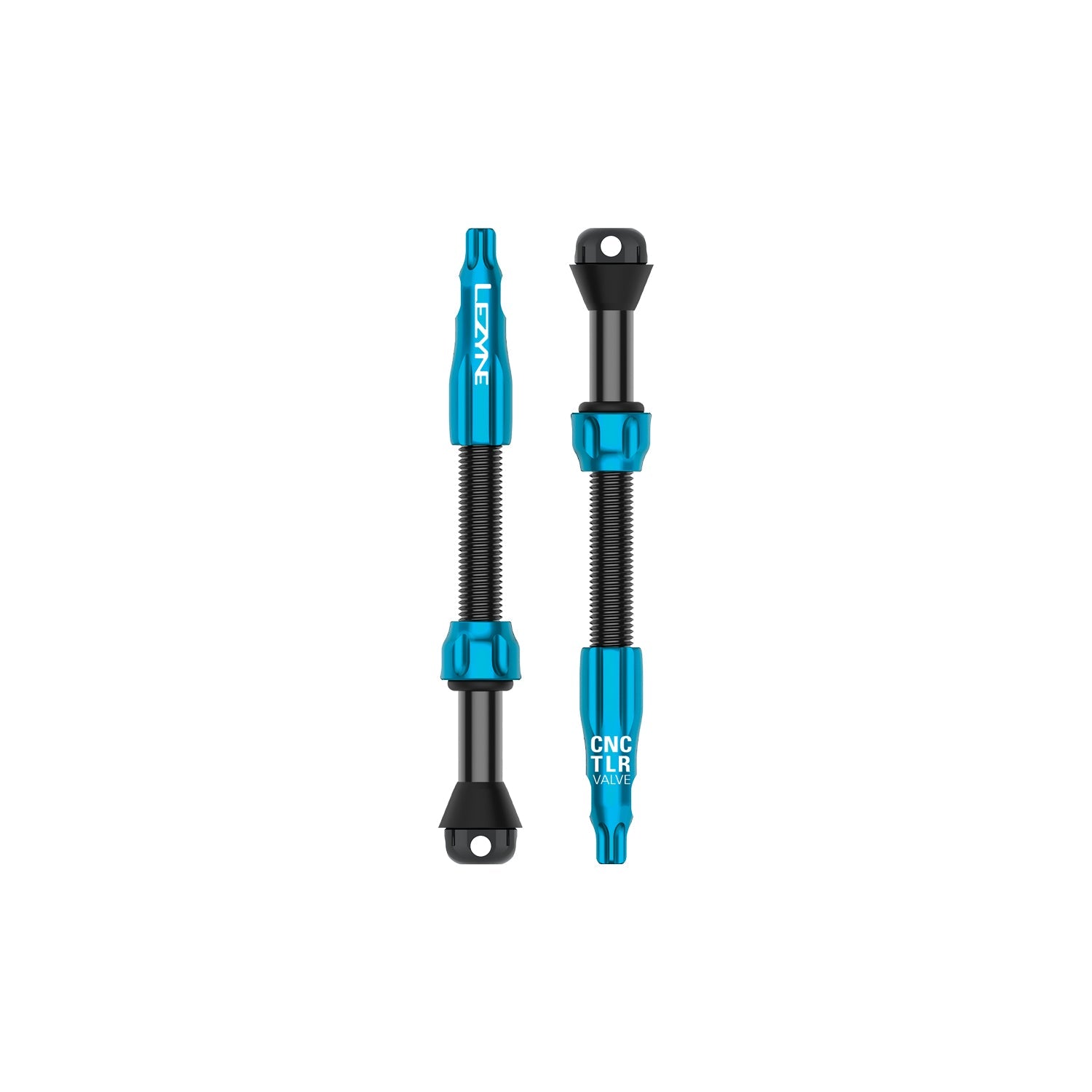 Lezyne CNC TLR tubeless valve stems in blue and black finish, pair