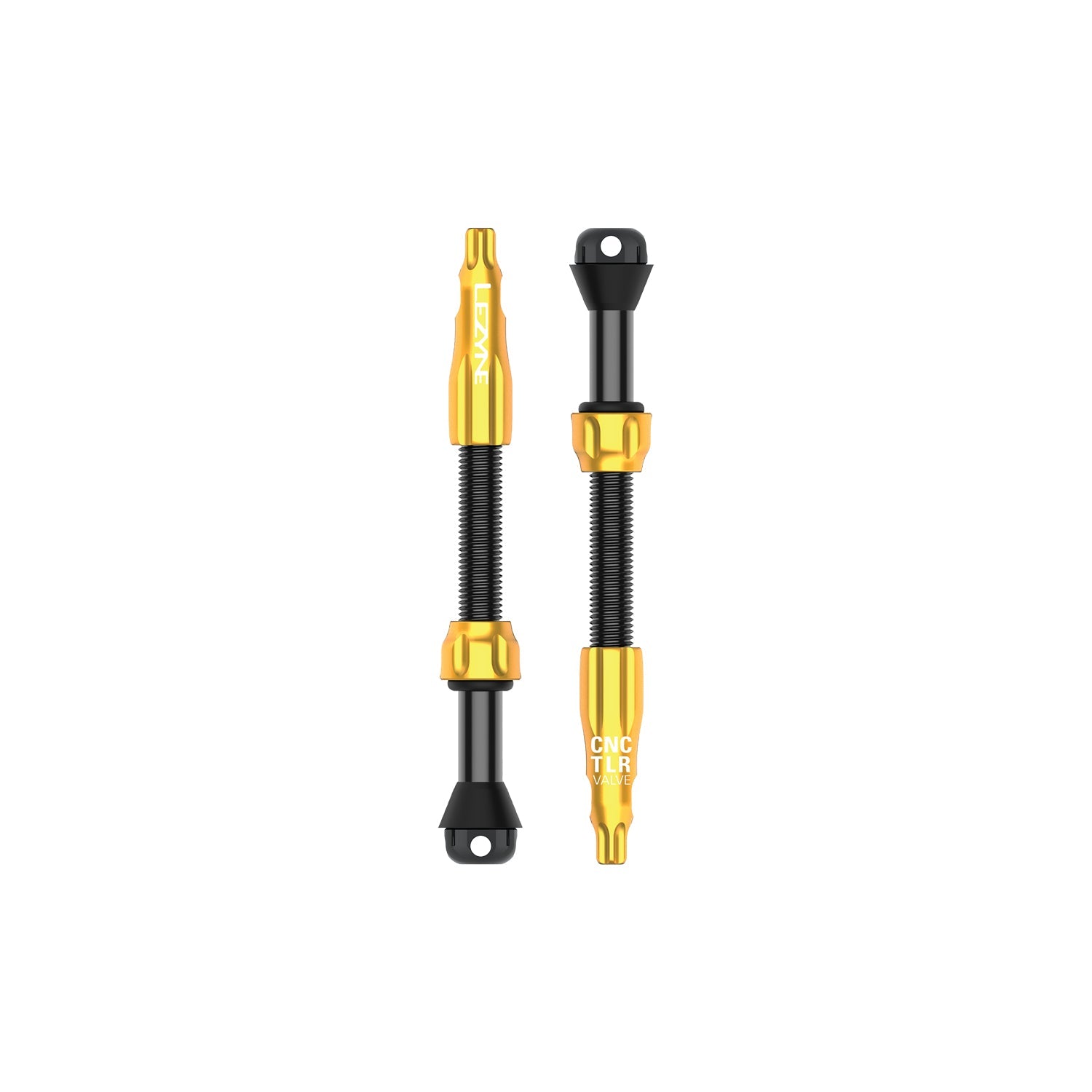 Two Lezyne CNC TLR tubeless valve stems in gold and black finish