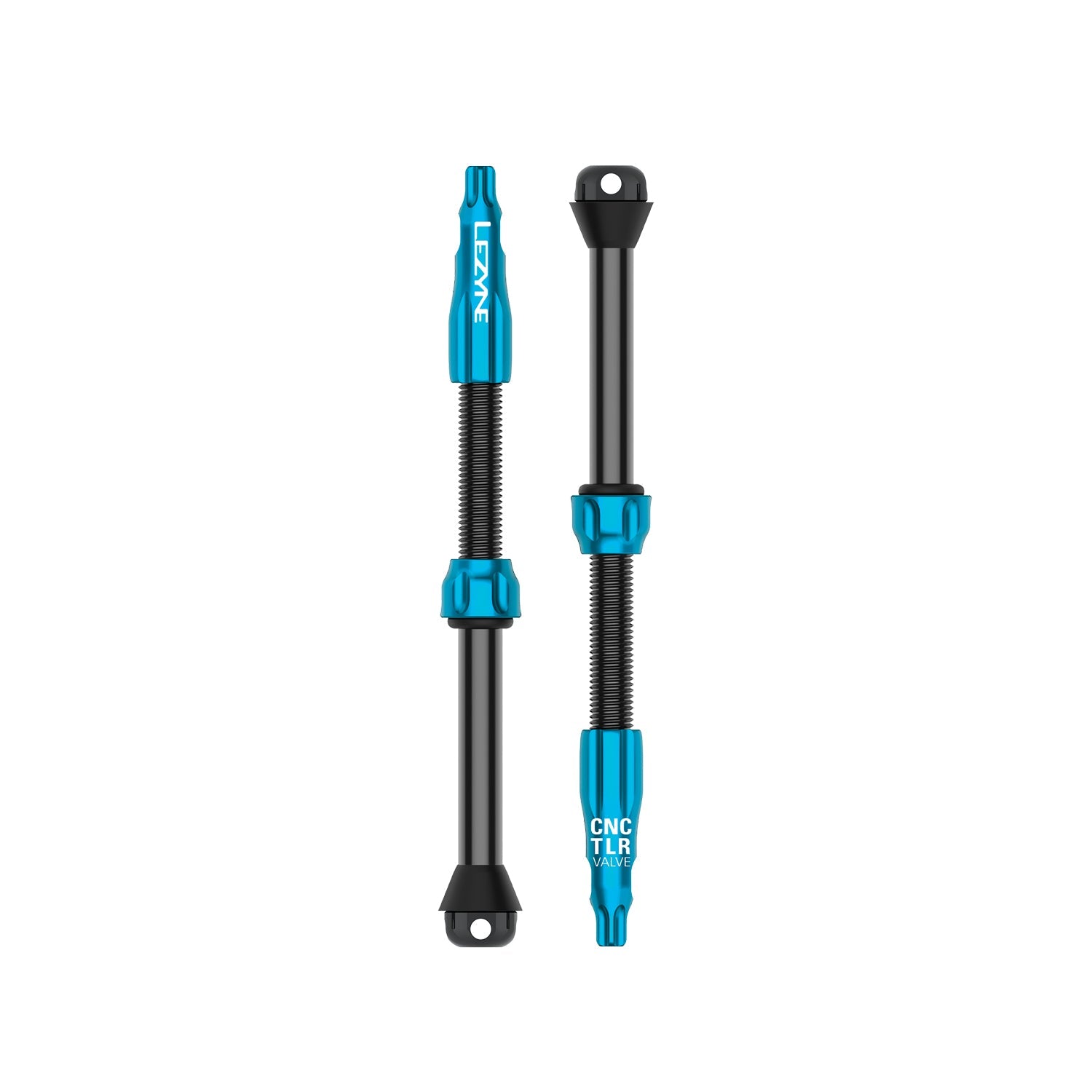 Lezyne CNC TLR tubeless valve stems in black and blue, pair