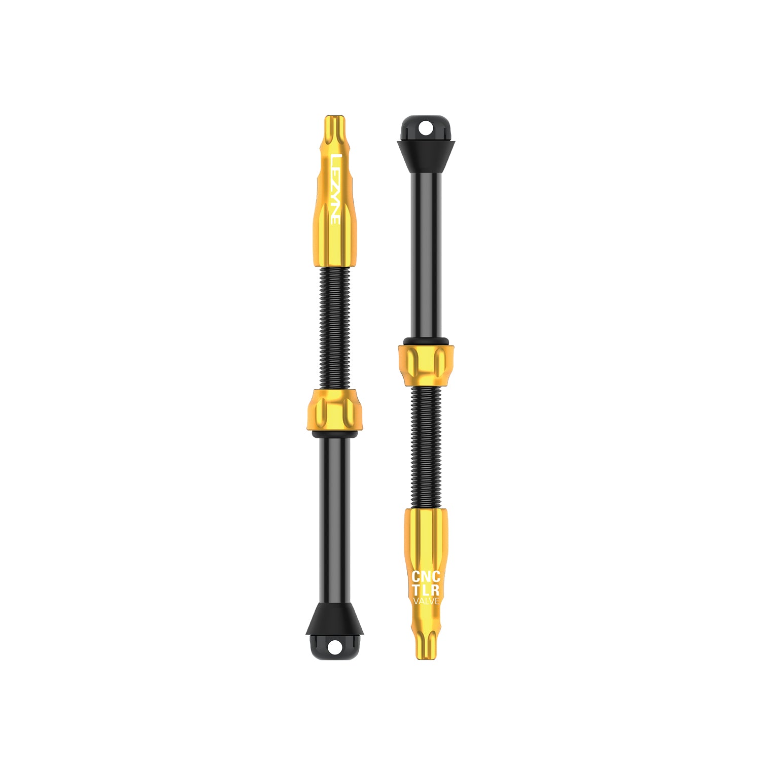 Lezyne CNC TLR tubeless valve stems in black with gold accents, 80mm length