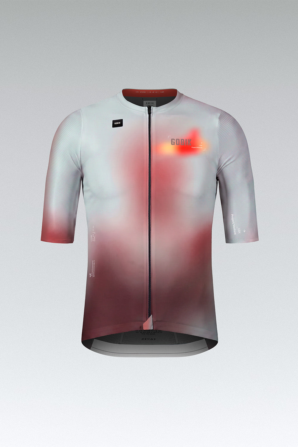Gobik Attitude 2.0 short sleeve cycling jersey front view with red-orange graphic print on gray