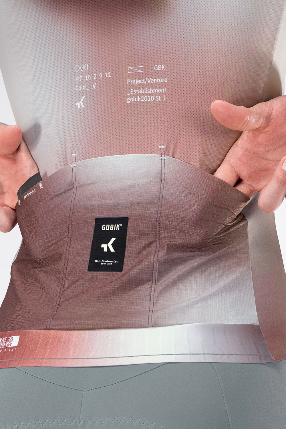 Gobik Attitude 2.0 jersey interior back pocket detail in Flank colorway close-up