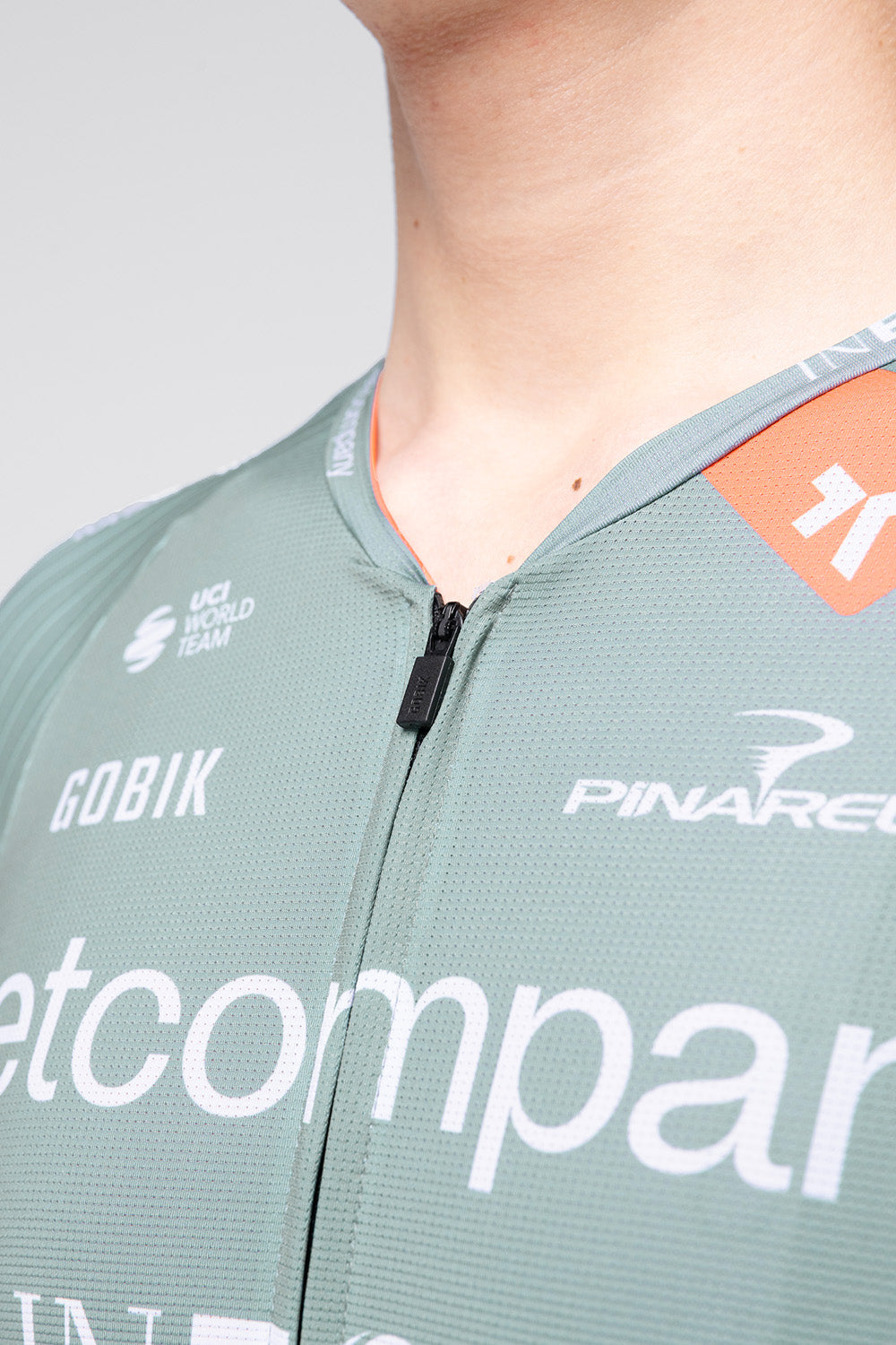 Gobik Raeactive Men Ineos Netcompany cycling jersey in sage green with orange collar detail