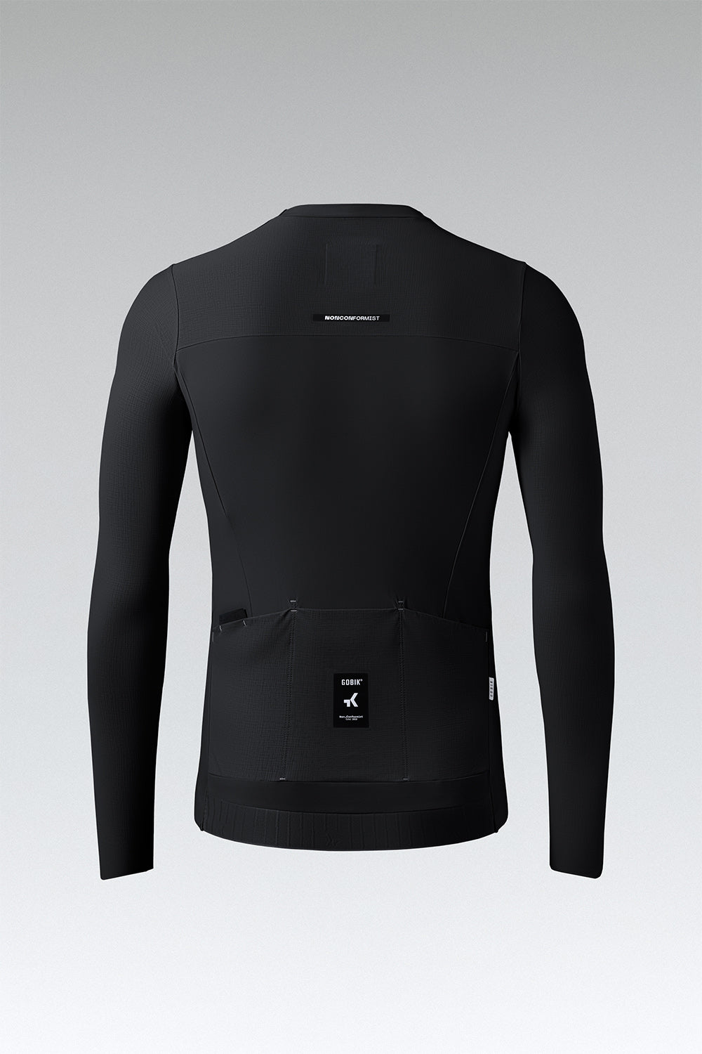 Gobik Avalon long sleeve cycling jersey in black, rear view showing pockets