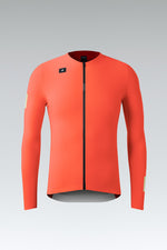 Gobik Avalon long sleeve cycling jersey in lava coral, flat ghost mannequin front view