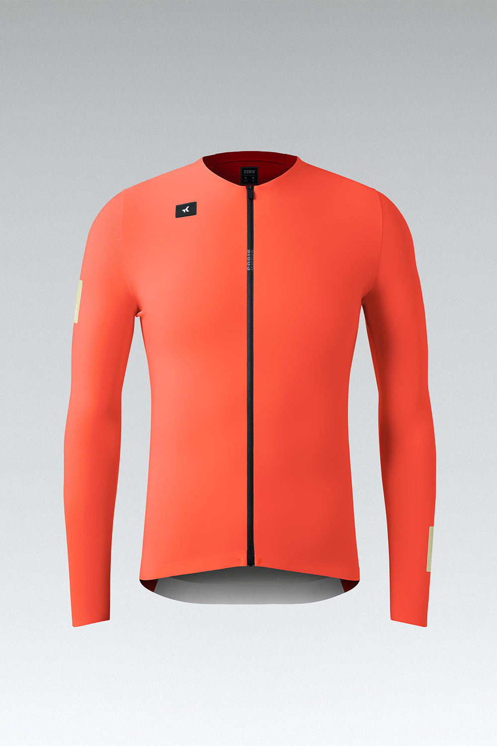 Gobik Avalon long sleeve cycling jersey in lava coral, flat ghost mannequin front view